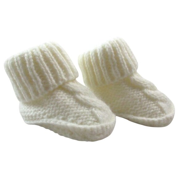 Handmade Crib Booties Baby Shoes White Knitted Wool Soft Warm Infant Cuff Design - Picture 1 of 5